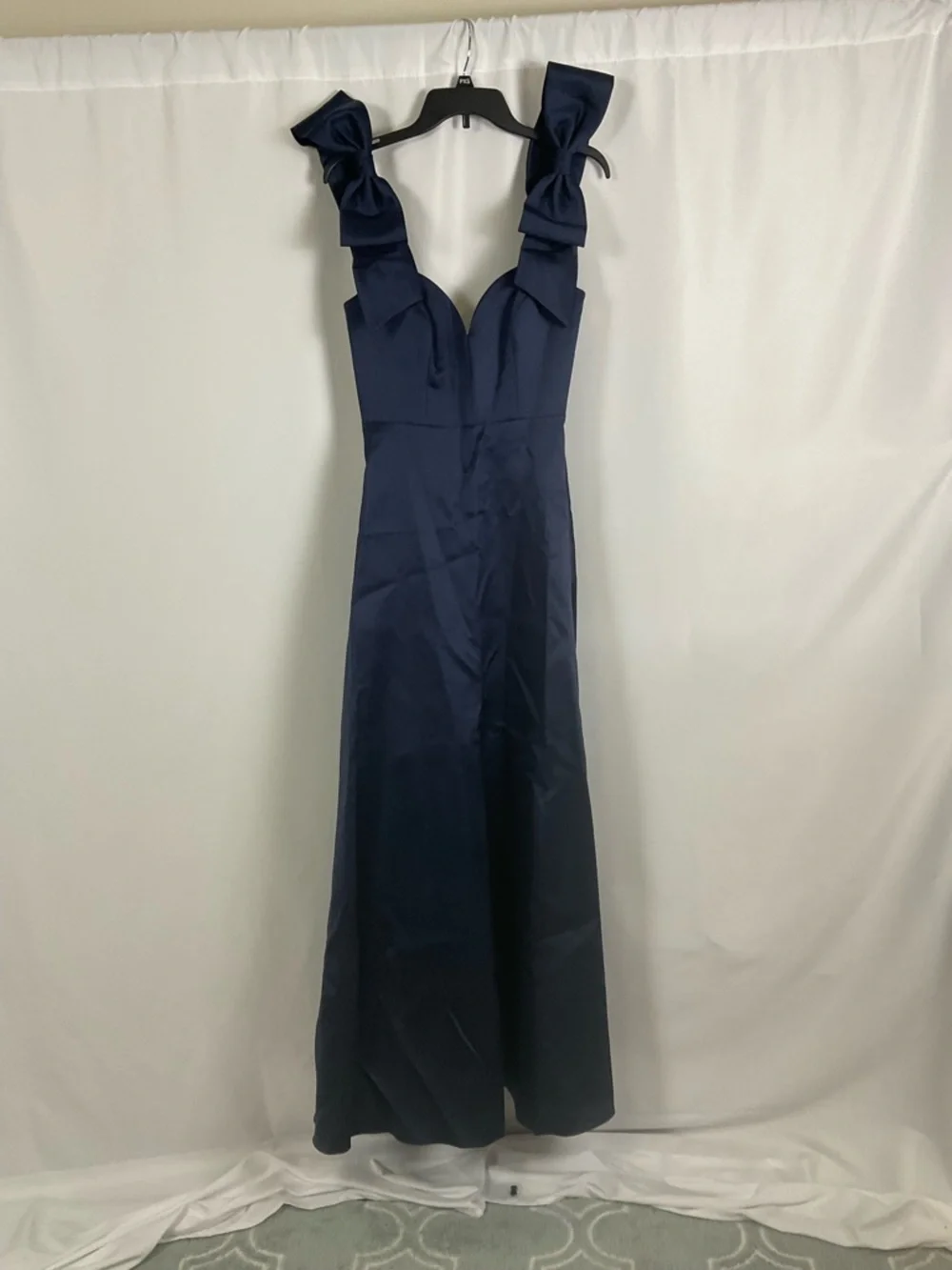 ALFRED SUNG Midnight Navy Satin V-Neck Maxi Gown with Shoulder Bows - Picture 2 of 5